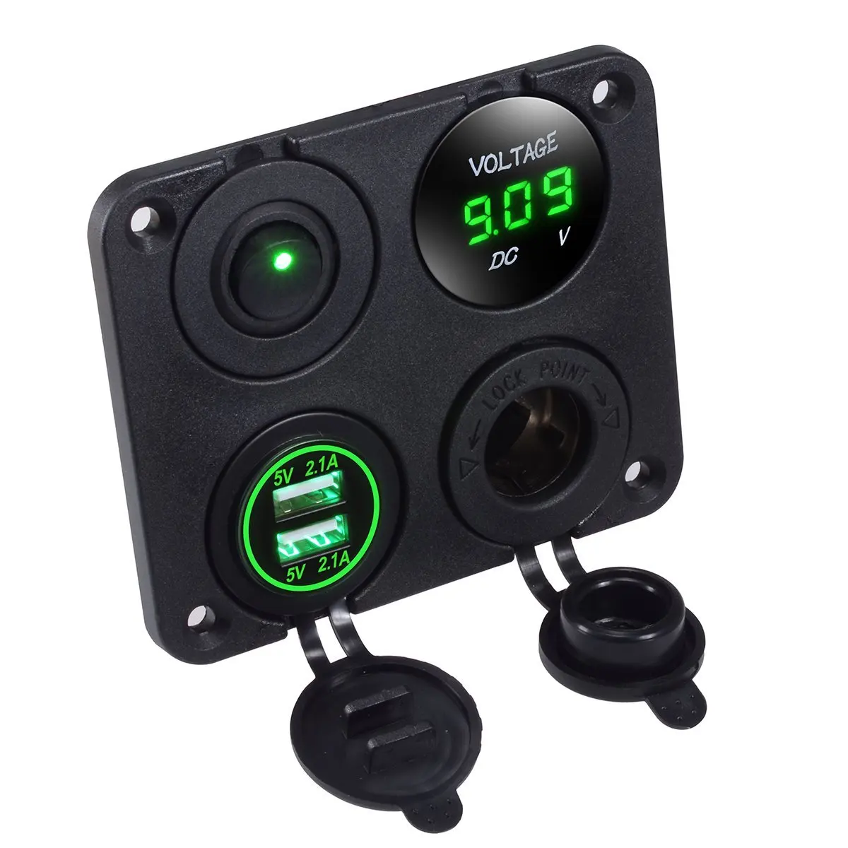 USB Charger 2.1A & 2.1A Green Voltmeter Power Outlet ON-OFF Switch Four Functions Panel for Car Boat Marine RV Truck Vehicles