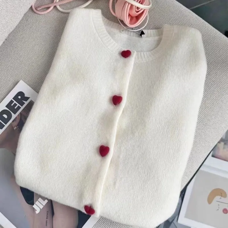 sweet love Buttons knitting Cardigan Women Autumn Winter Simplicity Loose Solid color sweater coat O-neck Long sleeve Knitwear