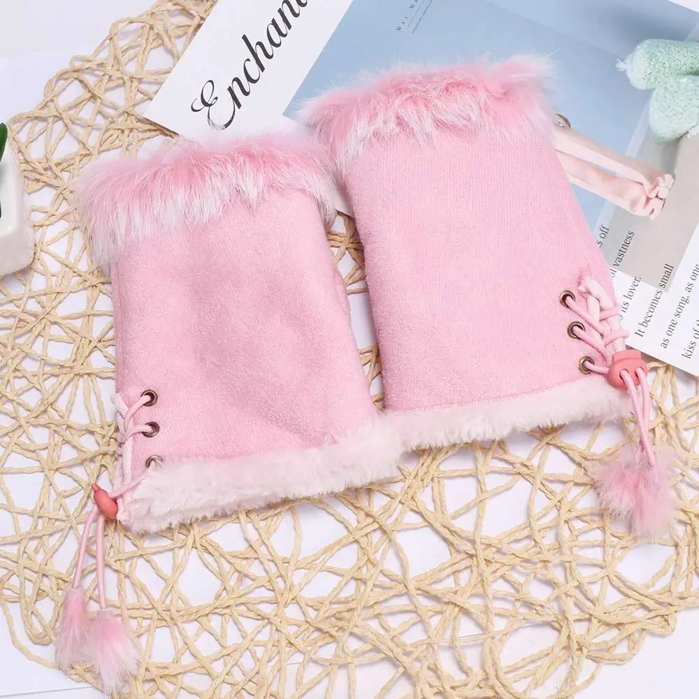 

Mitten Supple Solid Winter Warm Fashion Color Trim Soft Gloves Fingerless Rabbit Fur Women