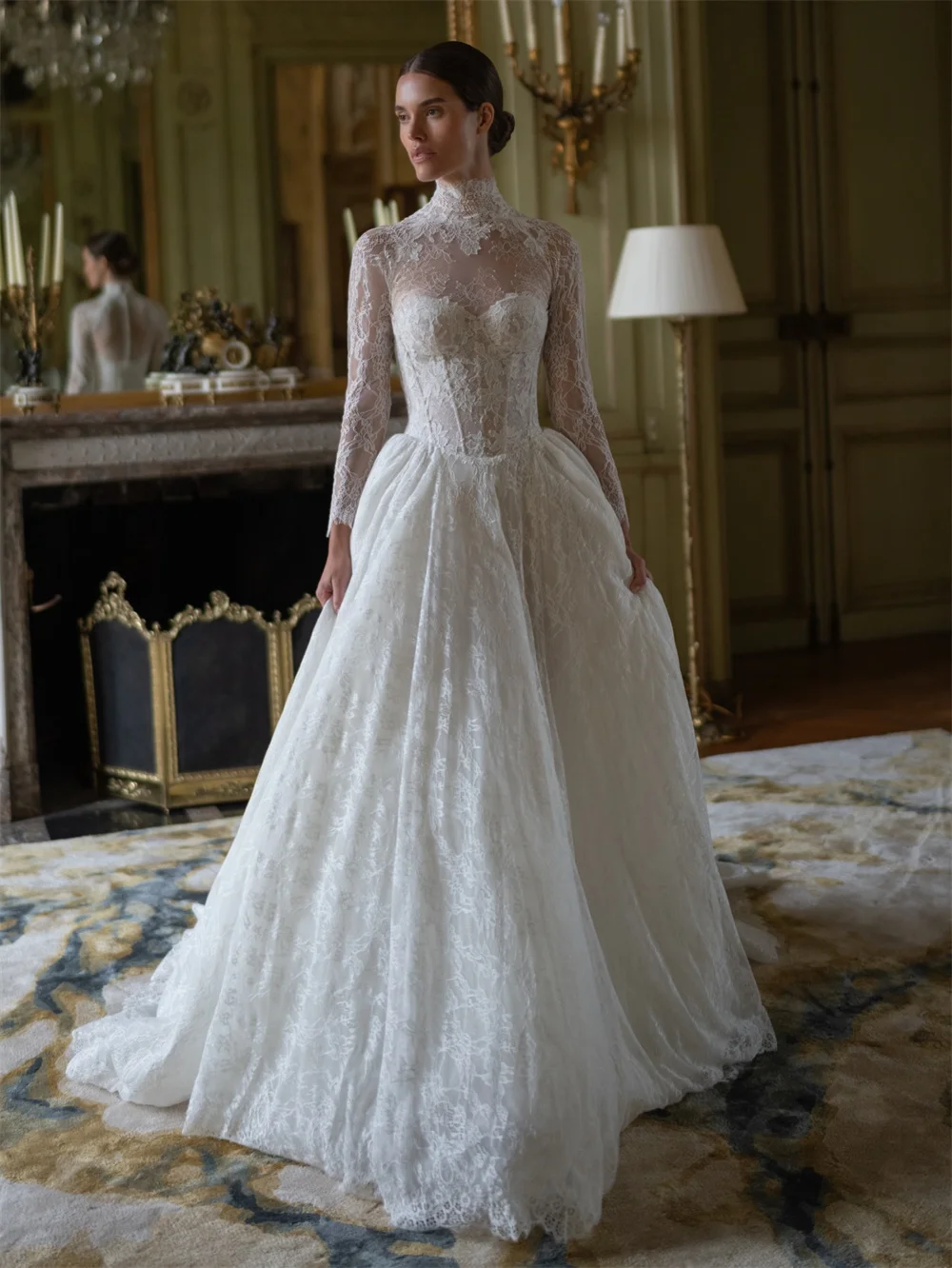 Tóquio personalizado branco alto decote vestidos de casamento manga longa zip tule tribunal trem vestido de noiva elegante a linha vestido de casamento