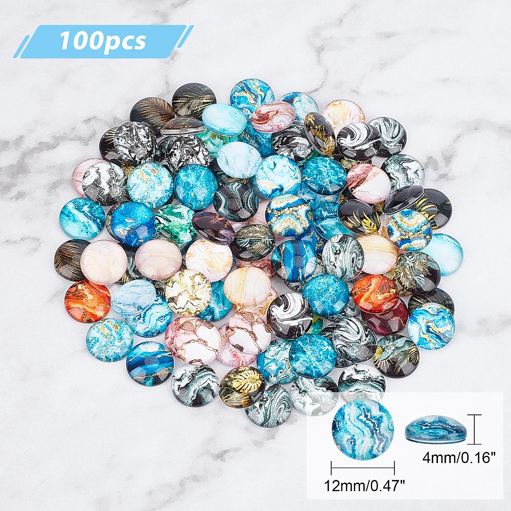 100pcs Glass Cabochons, Marble Pattern, Half Round/Dome, Mixed Color, 12mm