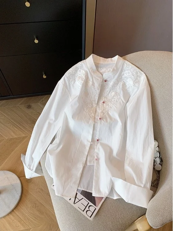 

Elegant Embroidered Loose Shirt Stand Collar Spring 2026 Women's Fashion Commute Style Cotton Long Sleeve Chinese New Style