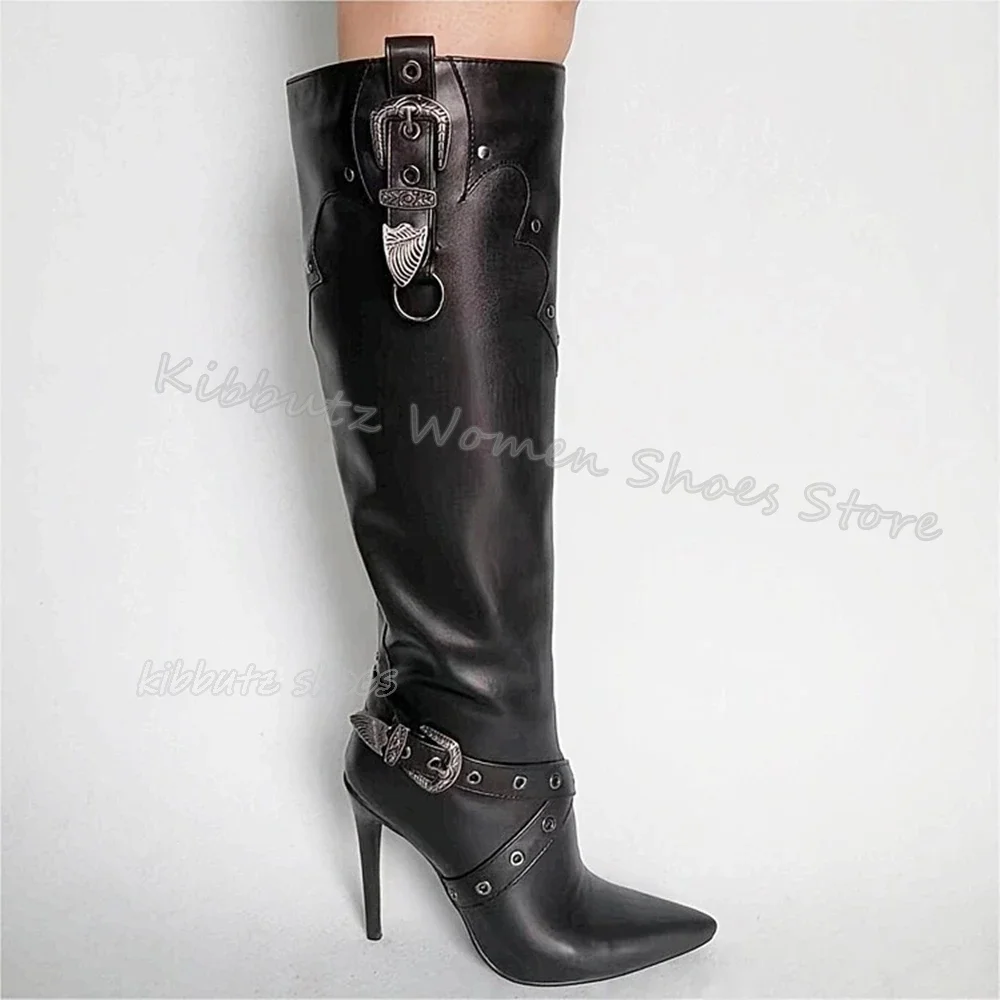

Belt Buckles Knee High Boots Genuine Leather Solid Color Luxury Fashion Elegant Sexy Concise Women Shoes Pointed Toe Thin Heels