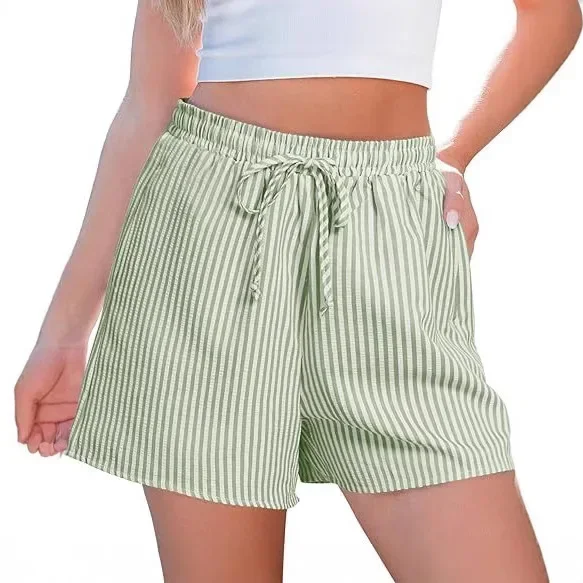Pantaloncini a righe da donna estivi pop Vita alta da spiaggia Cintura elastica con coulisse casual con tasca Cintura leggera alla moda da donna