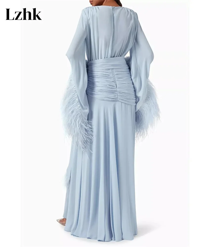 カスタマイズされたクラシックシフォンAラインフェザーイブニングドレス高品質Vネック長袖フロアレングスイブニングドレス