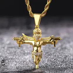 Hip Hop 3A+ CZ Stone Paved Bling Iced Out Double Gun Angel Pendants Necklaces for Men Rapper Jewelry Gold Silver Color