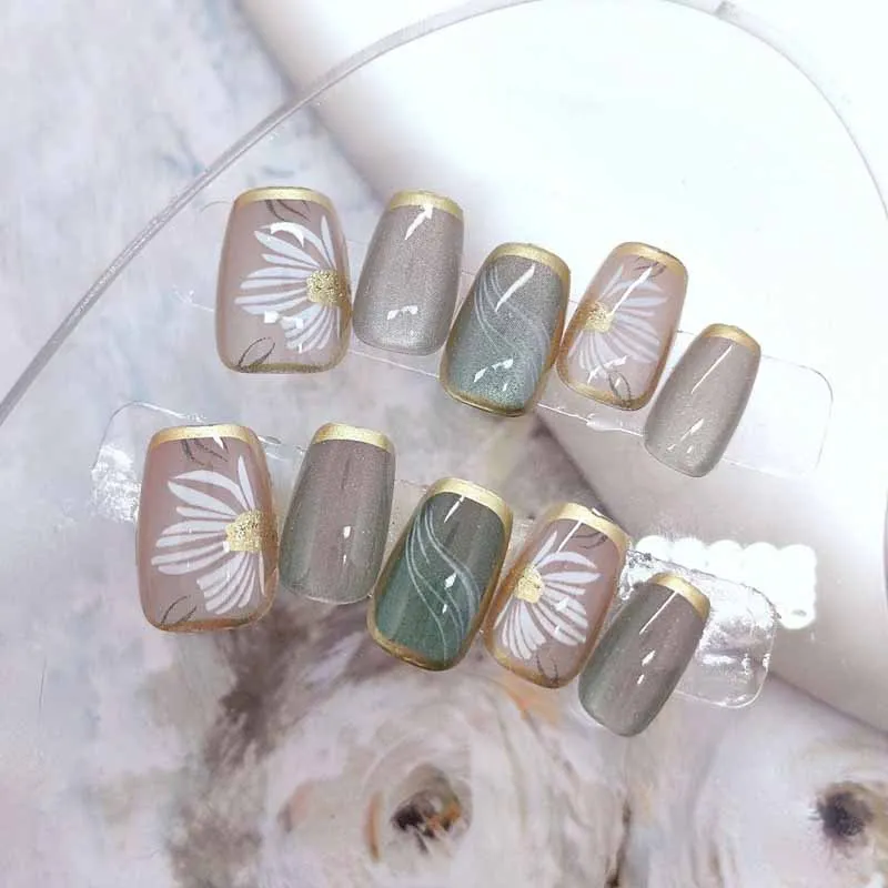10 pezzi da donna piccolo fiore fresco corto testa quadrata rimovibile stile coreano stampa sulle unghie unghie finte ragazza manicure set corto falso