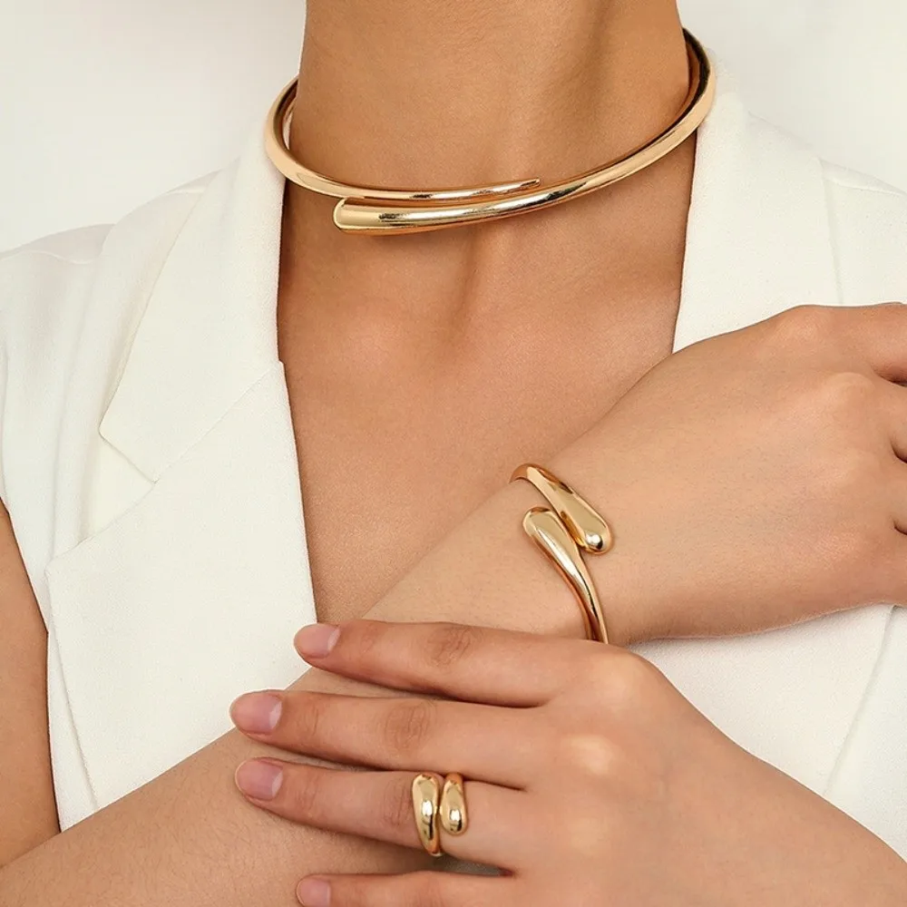 2/3Pcs Punk Water Drop Torques Choker Necklace Geometric Adjustable Rings Open Cuff Bangle Simple Trendy