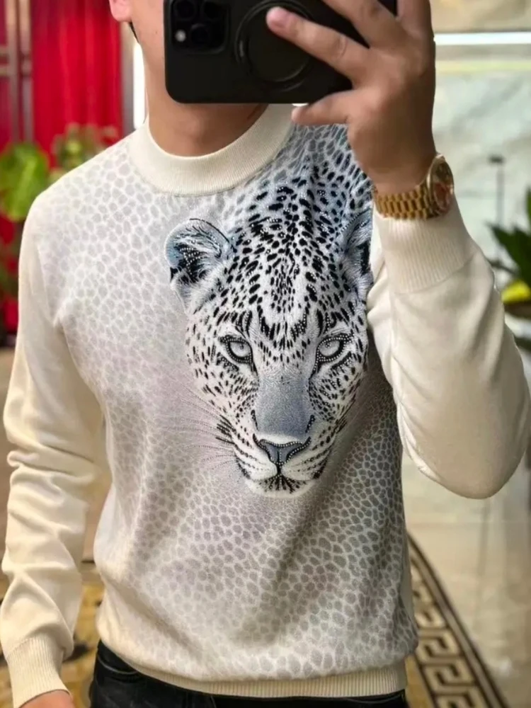 

Faionable Knitted Sweater round Ne Leopard Print Men's Casual Sle Autumn Winter New Arrival High End Feeling Trendy