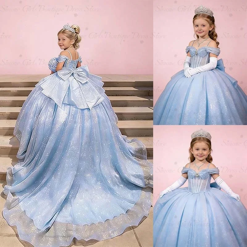 Sky Blue Princess Pageant Dress With Train 2026 Birthday Gown Kids Beaded Lace Flower Girl Dress Customized Wedding Party Frock