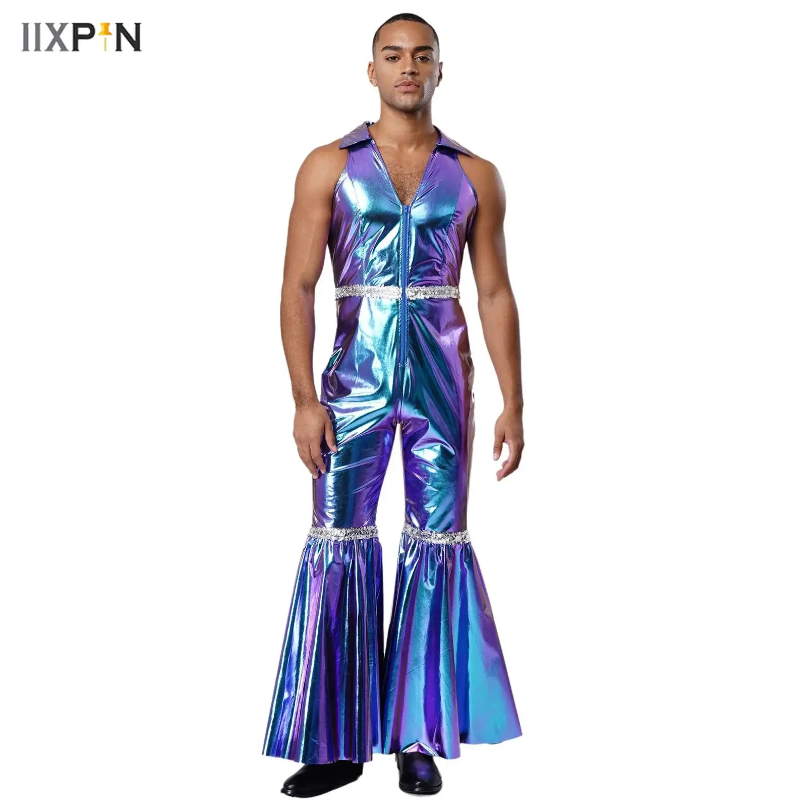 

Mens 70's Disco Rompers Lapel V Neck Sleeveless Front Zipper Sequins Bell Bottom Long Pants Jumpsuit for Retro Party Jazz Dance