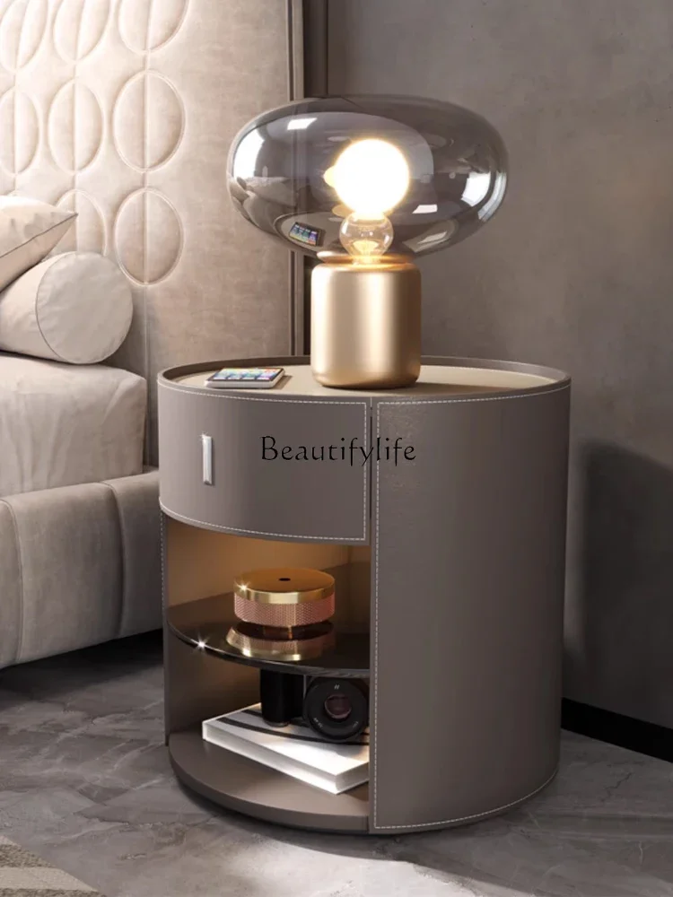 

FG28Italian Minimalist Saddle Leather Bedside Table Bedroom Light Luxury Modern Storage Organizer round Bedside Cabinet