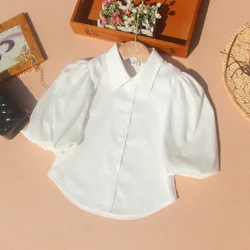 Korean Toddler Girl Puff Sleeve Top Chiffon Summer Children Nine Point Sleeves White Blouses Turn-down Collar Teen School Shirts