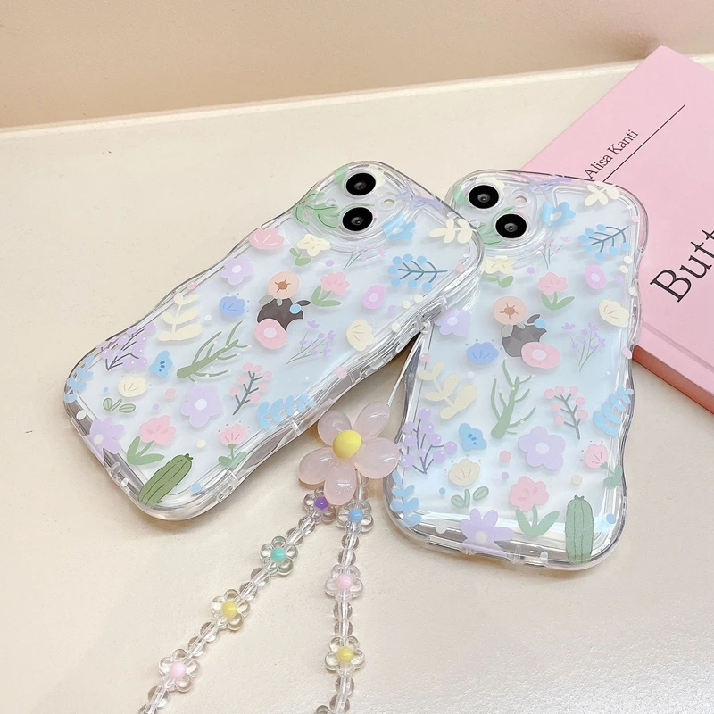 Floral Phone Case for iPhone 16 15 14 13 Pro Max Plus TPU Soft Bumper Flower Trasparent Back Cover with Chain