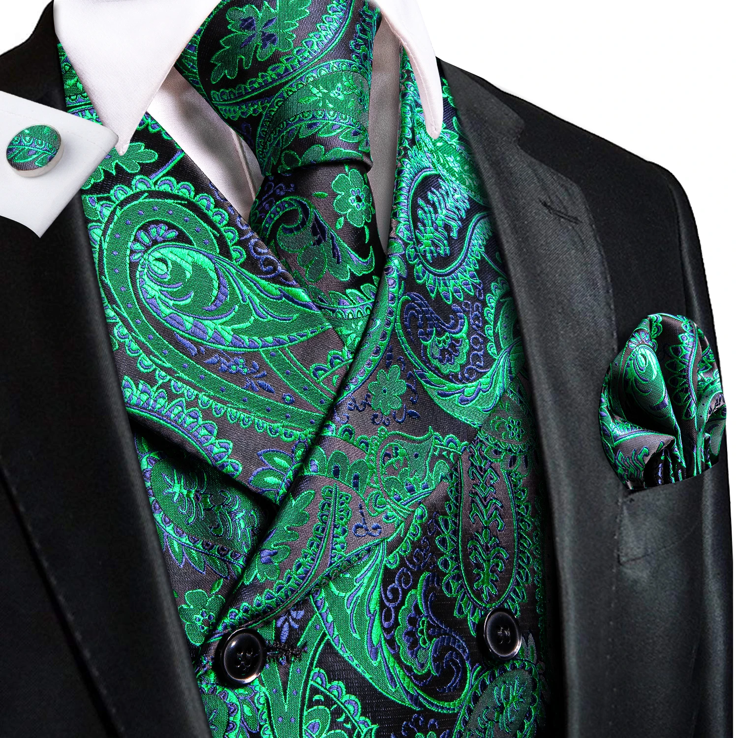 Designer Silk Mens Vest Paisley Green Purple Beige Black Grey Blue Red Waistcoat NeckTie Hanky Cufflinks Business Party Hi-Tie