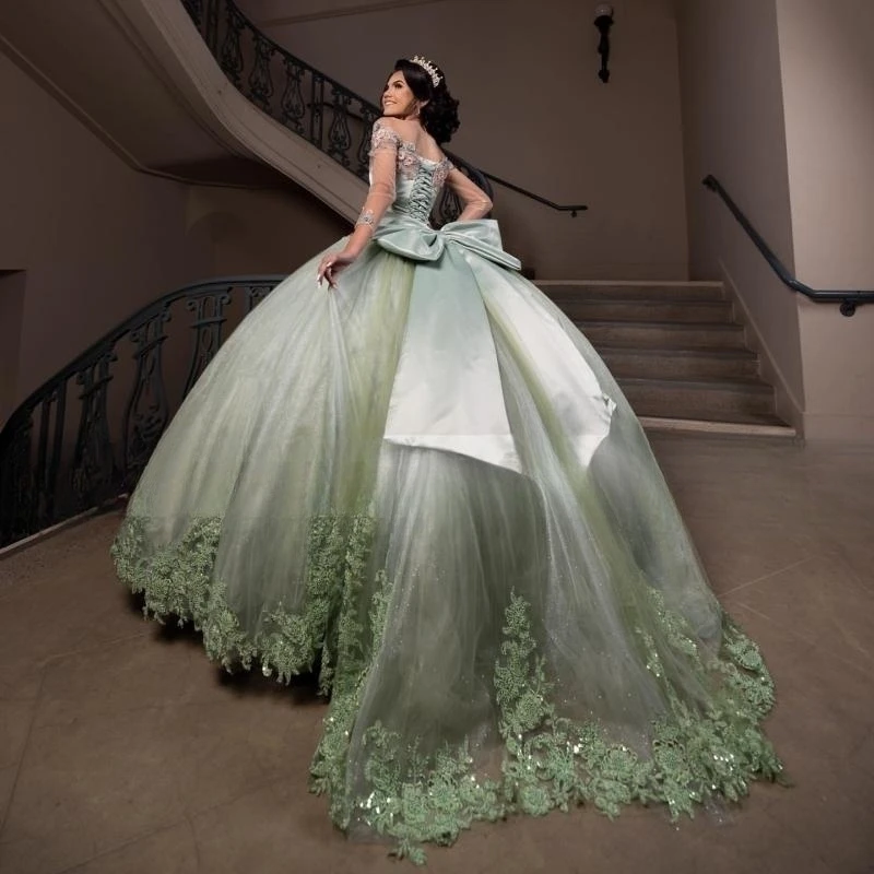 

Mint Green Quinceanera Dresses For Sweet 16 Girls Ball Gown Appliques Bow 15 Birthday Party Prom Dress Pageant Miss Gala