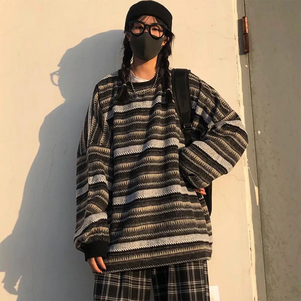 Korean Fashion Knitted Sweaters Casual V Neck Stripe Women Men Pullover Sweater Retro Jumper Harajuku Oversized Couple Sweaters