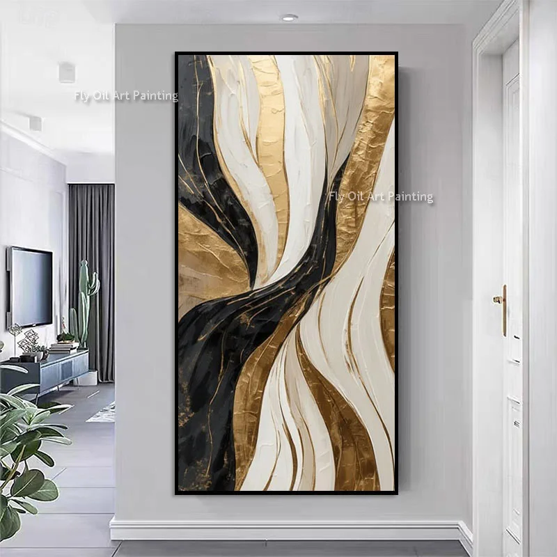 100% Hand Painted Flowing Ribbon Texture Wall Art, Black White Golden Palette Knife Painting, Modern Elegant Decor For Hallway