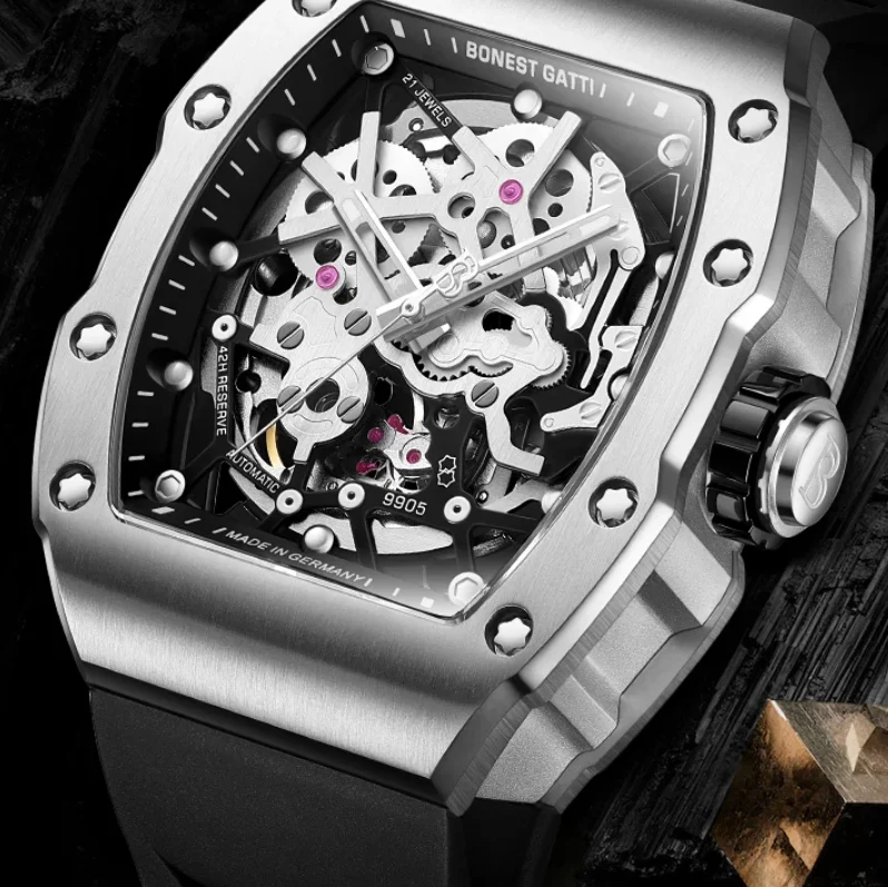 BONEST GATTI Men Automatic Watch 42MM Tonneau Mechanical Wristwatch 50M Waterproof Sapphire Mirror Luminous Skeleton Dial