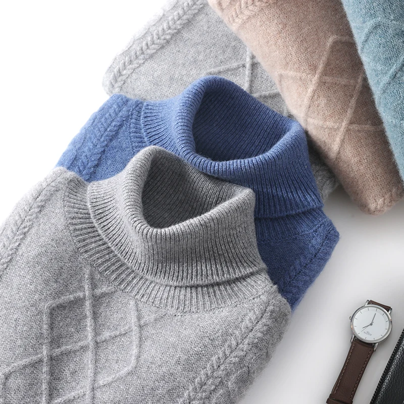 100% Pure Wool Men's Casual Double Thick Twisted High Lapel Bottoming Knitted Cashmere Sweater