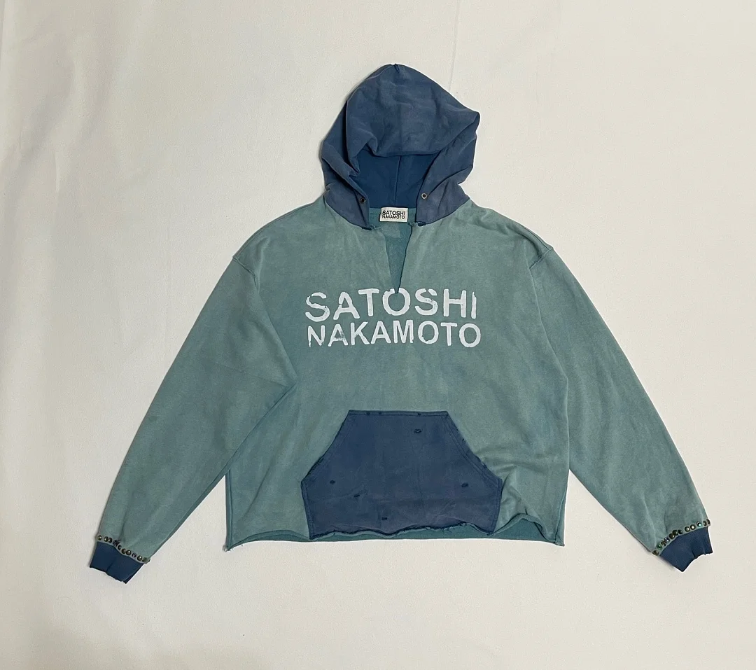 26fw Color Block Hoodie Men SATOSHI NAKAMOTO Letter Print Distressed Raw Hem Rivet Cuff Oversized Hooded Sweatshirt Streetwear