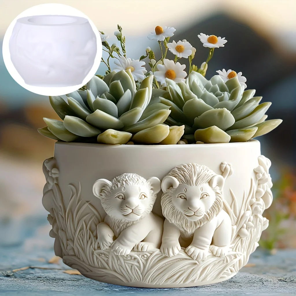 

Lion couple relief succulent plant flowerpot resin silicone mold cute lion relief storage box candle cup concrete gypsum molds