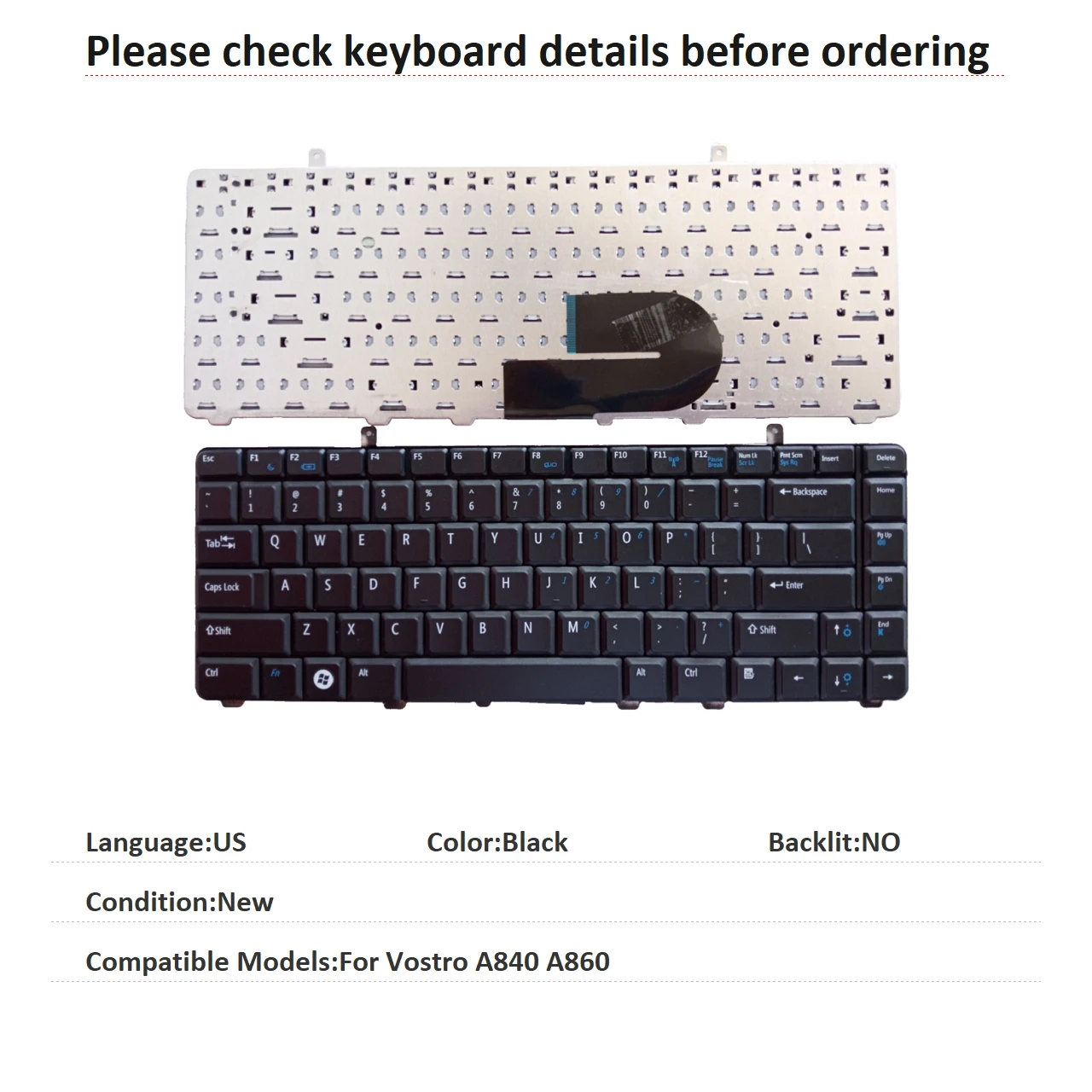 New US Language  Keyboard For Dell Vostro A840 A860 Notebook PC Replacement Keyboard