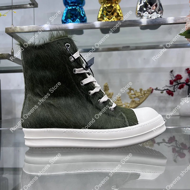 

New Ro High Top Casual Shoes Men Army Green Luxury Designers Genuine Leather Horse Hair Lace Up Sneakers Owen Women Ankle Boots