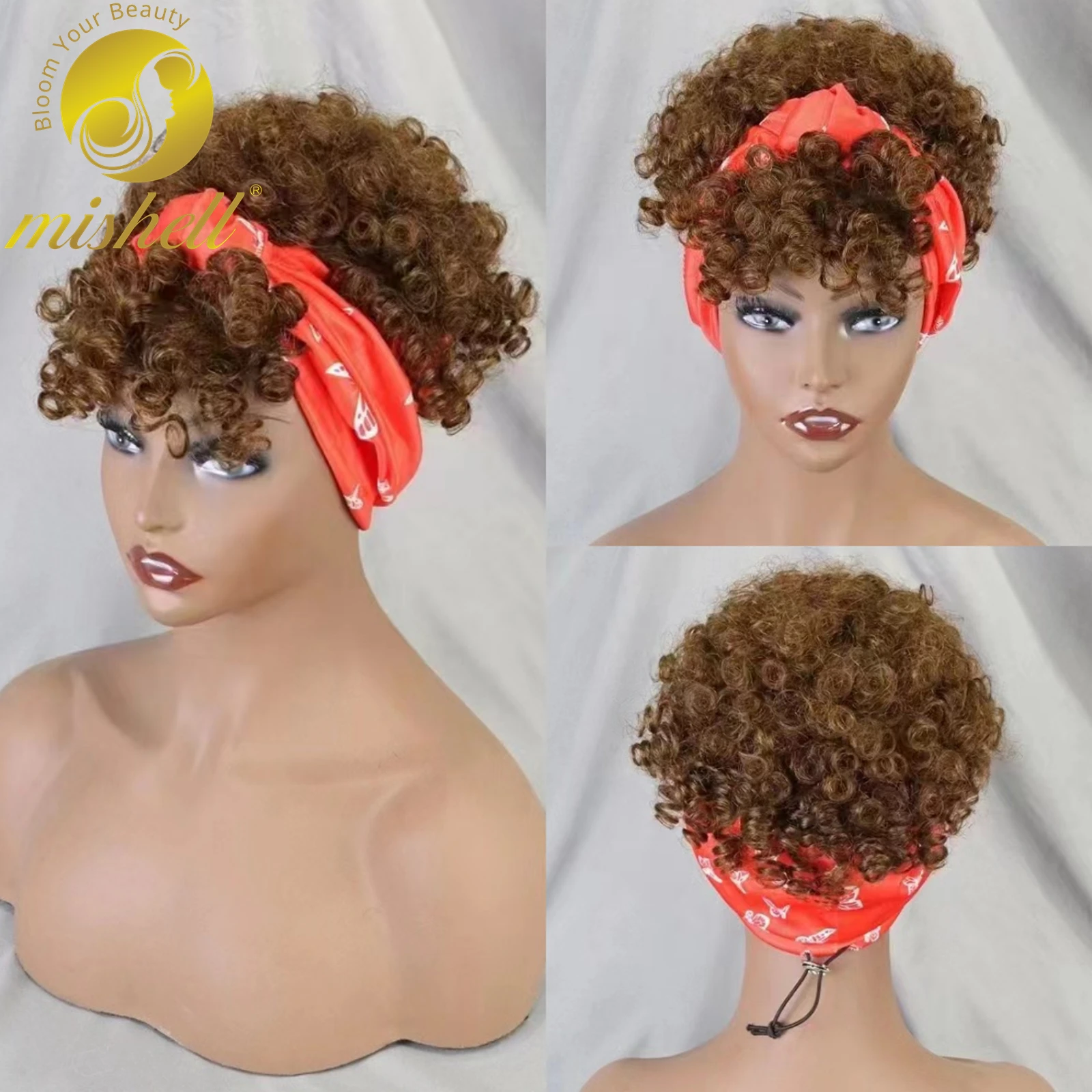 

4# Chocolate Brown Ombre Bouncy Curly Machine Made Wigs with Bangs Afro Curly 100% Human Hair Scarf Style Wigs for Balck Women