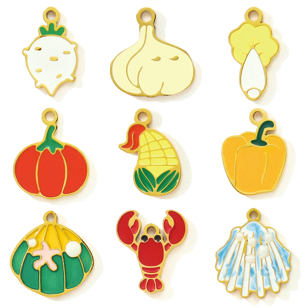 3pcs/Lot Cute Enamel Pumpkin Garlic Pepper DIY Charms Stainless Steel Cabbage Corn Turnip Necklace Pendants Vegetable Jewelry