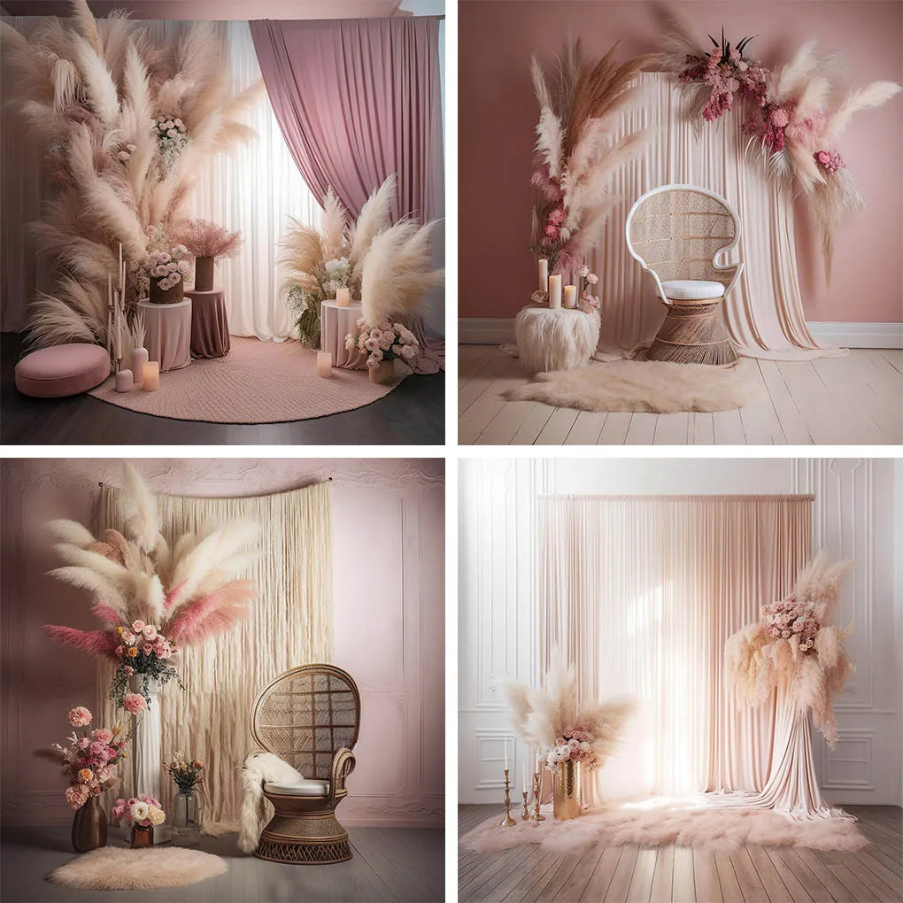 

Mehofond Boho Pampas Grass Backdrop for Photography Maternity Portrait Bohemia Curtain Chair Decoration Background Photozone