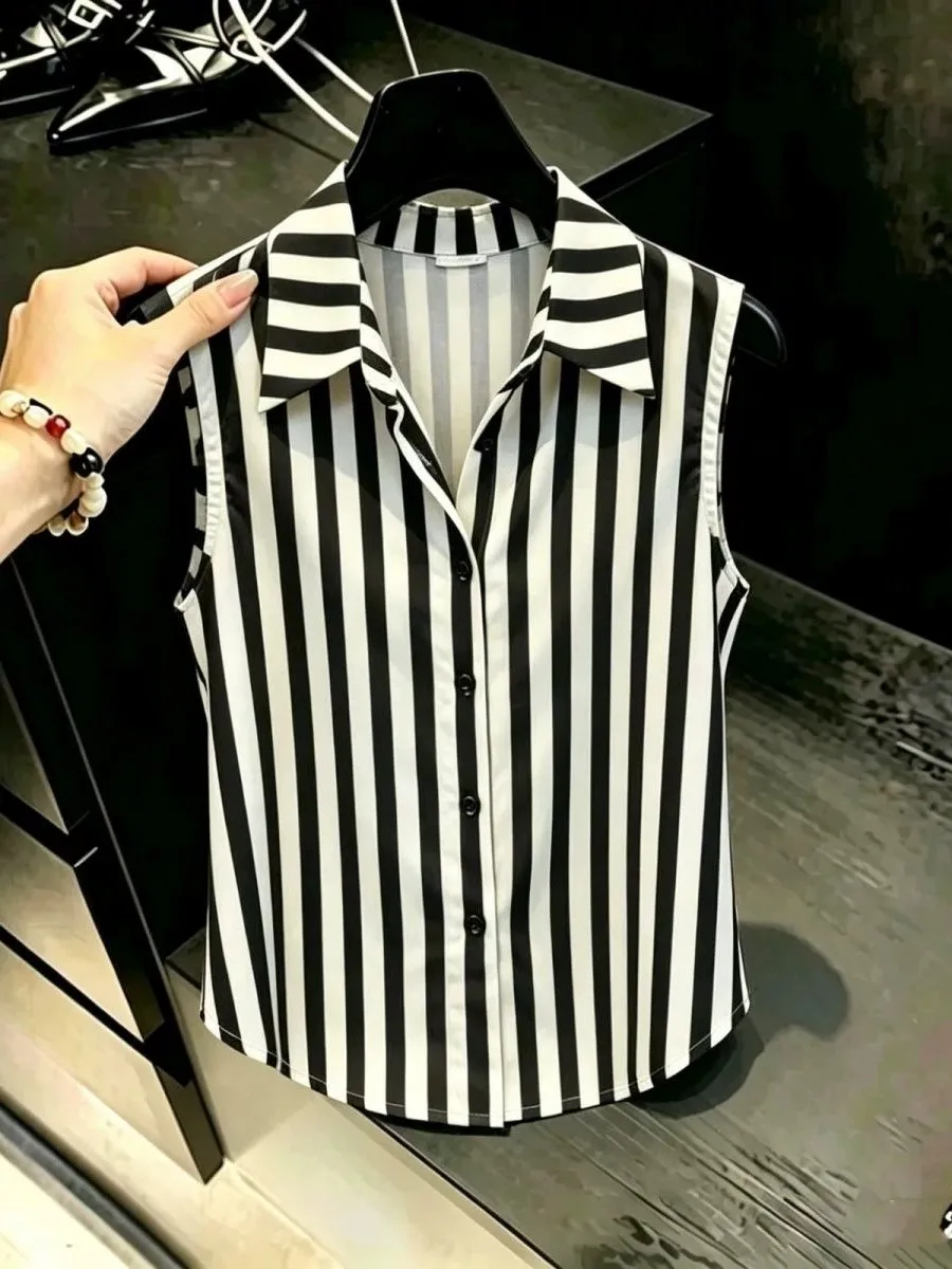 Red Striped Sleeveless Shirt Elegant Unique High-End Beautiful Design Summer New Style French Style Straight Cut Women's Blouse