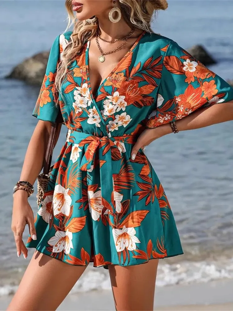 

Летняя одежда, пляжная одежда, повседневная одежда, комбинезон с v-образным вырезом и короткими рукавами с принтом, пляжный удобный женский свободный комбинезон с высокой талией