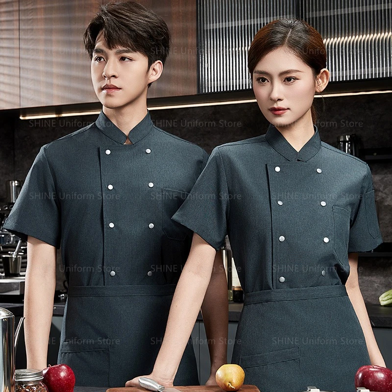 

Restaurant Chef short sleeve uniform Men Breathable Mesh Chef Jacket with apron Kitchen Chef coat black women work clothes logo