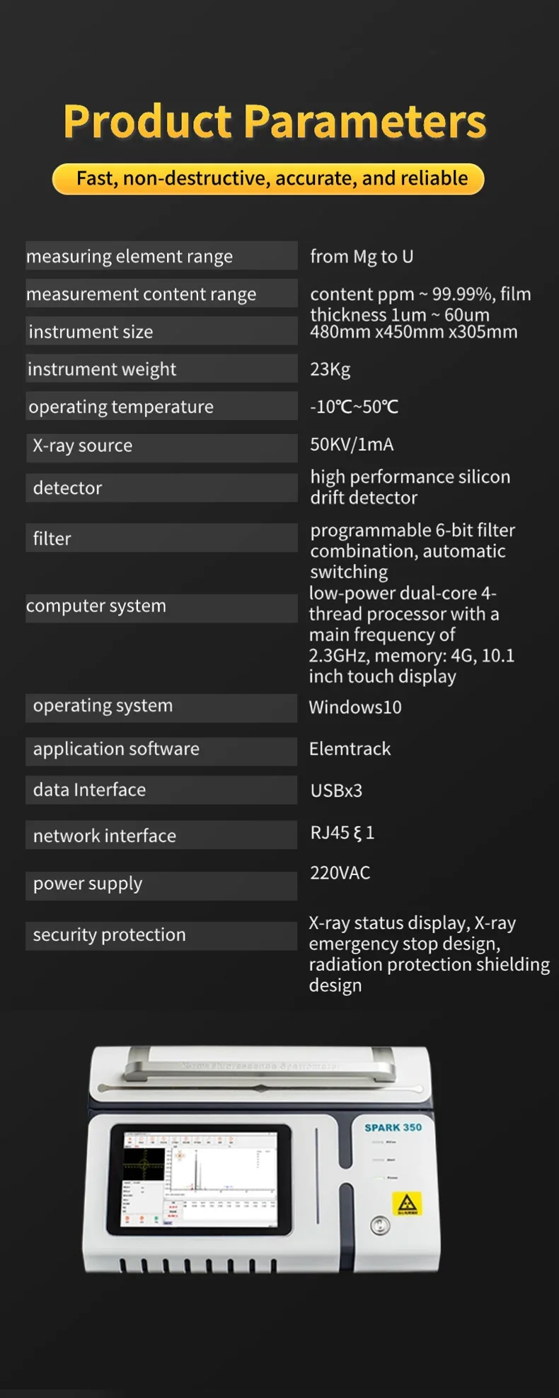 SPARK 350 High Accuracy Benchtop X-ray Gold Rohs Alloy PMI Analyzer ODM/OBM Customized Electronic Power