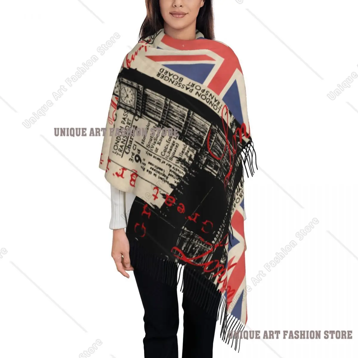 مخصص ريترو خمر لندن شرابة وشاح المرأة شتاء خريف شالات دافئة يلتف الإناث المملكة المتحدة العلم البريطاني الأوشحة
