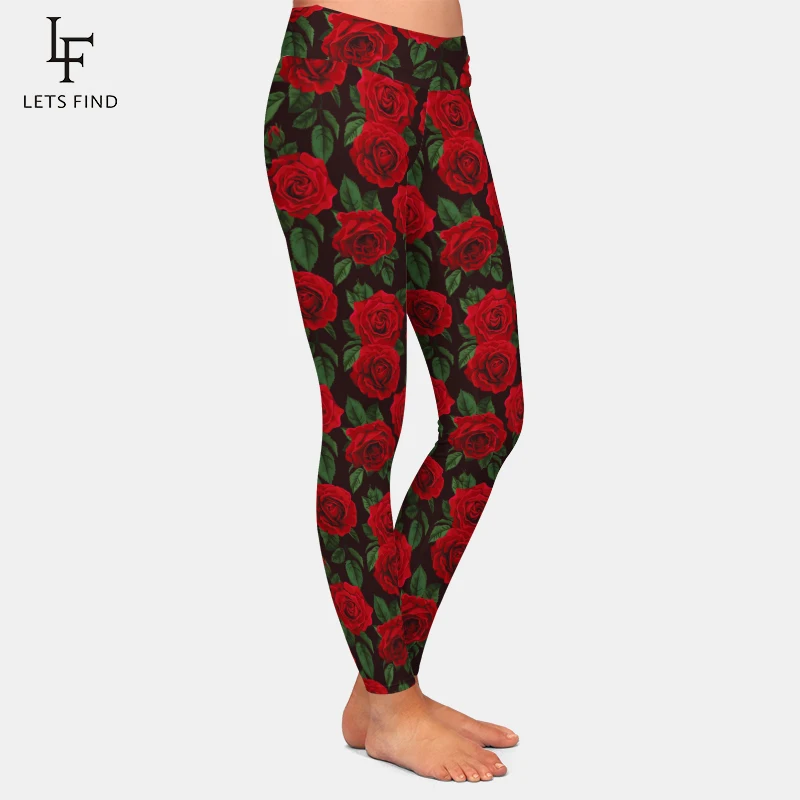 LETSFIND-mallas con estampado de rosas rojas para mujer, Leggings de cintura alta de poliéster para Fitness, nueva moda