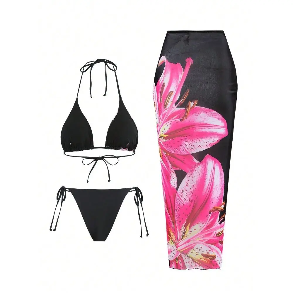 3pcs Fashion Long Dress Bikini Set for Women Halter Neck Padded Bathing Suits Self Tie Sexy Separated Swimsuits Summer Season