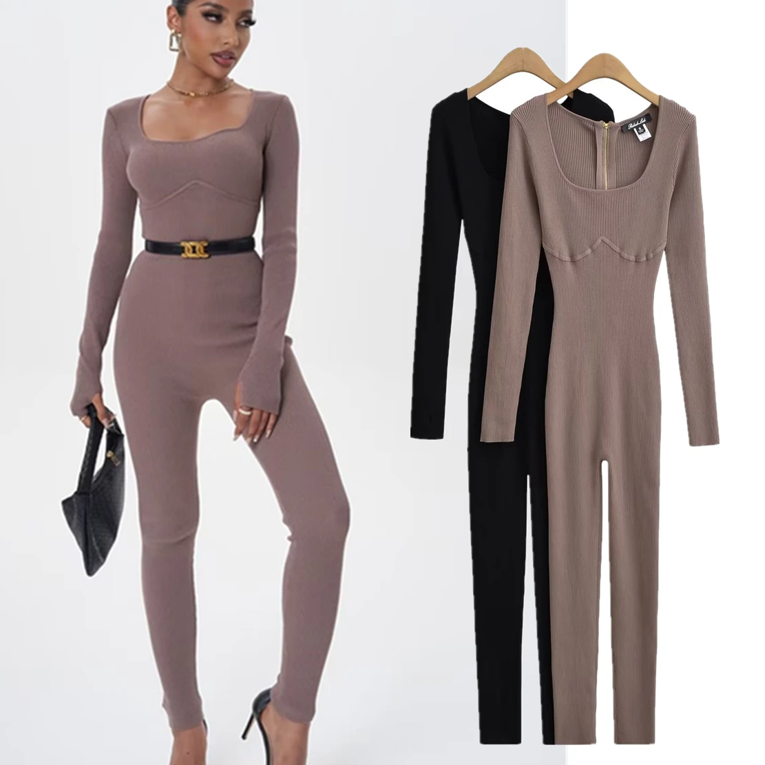 Jenny&Dave Autumn Winter Ribbed Sexy Slim Fit Knit Jumpsuit Women British Fashion Blogger Retro Square Neck Knit Jumpsuit