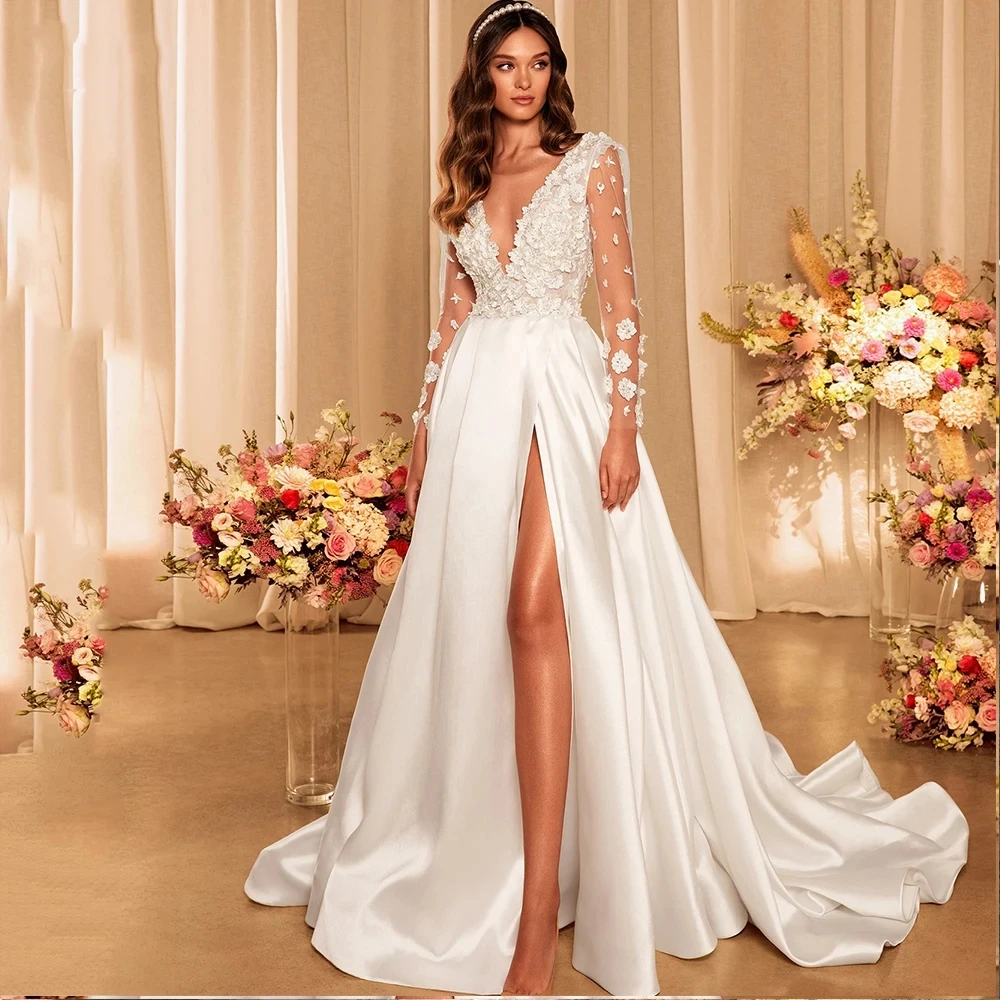 

Lorencia Modern A-Line Wedding Dress Sexy Side Slit V-Neck Bridal Gowns Floral Appliques Bride Dress Vestidos De Novia YAW99