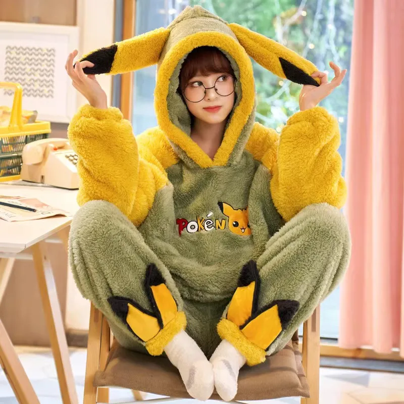 

Pokemon Anime Pikachu Pajamas Hooded Women Cartoon Thickened Winter Plush Kawaii Nightgown Suit Two Home Clothing Christmas Gift