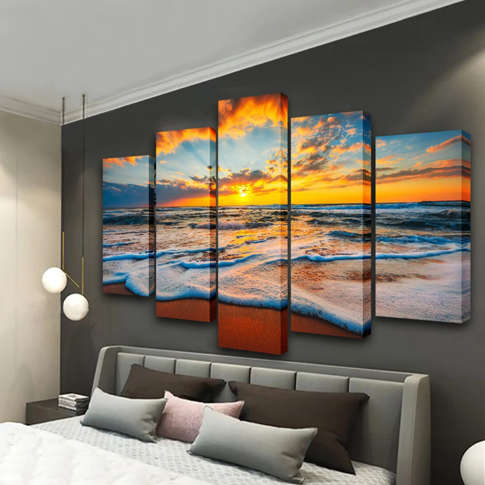 Wall Art Sunset Painting 5 Panel Art Frame Canvas Print Home Decoration Living Room Bedroom Wall Picture