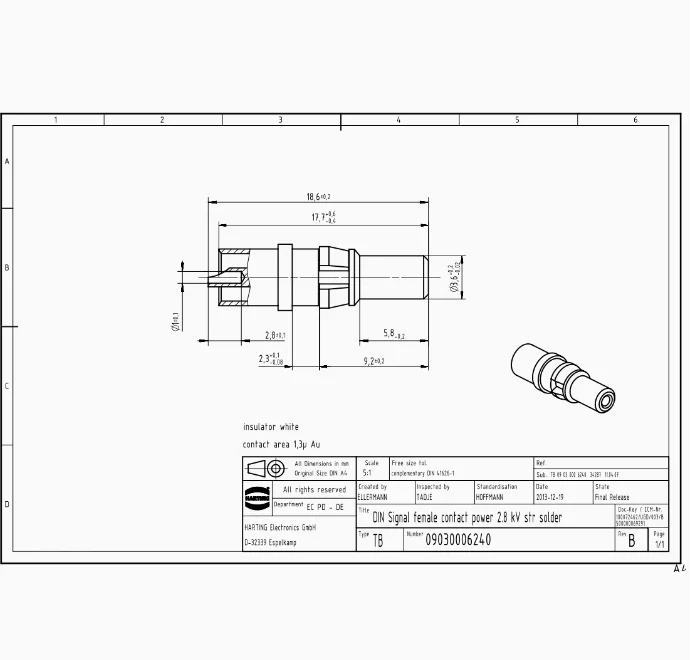 09030006240 HARTING Solder pins Straight female pins for female connectors Copper alloys