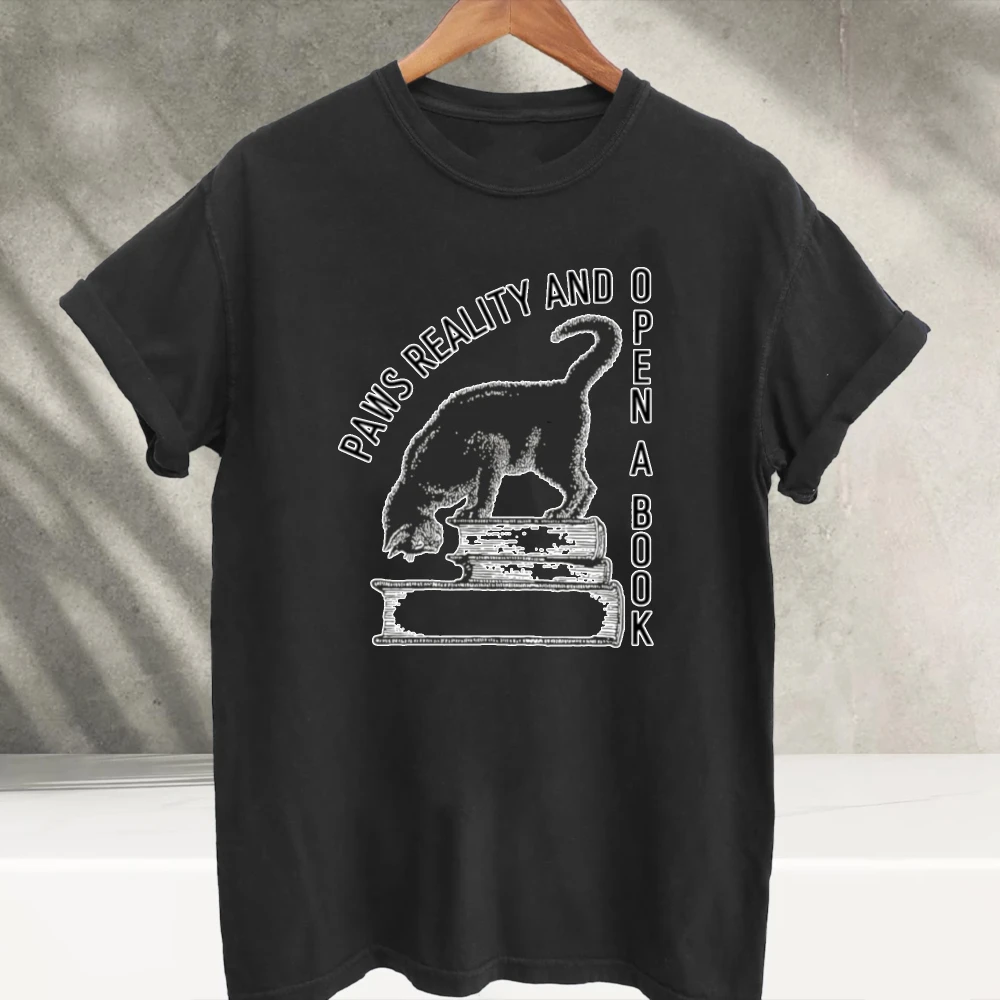 Pause Reality and Open A Book Vintage Distressed Cat on Books Graphic T-Shirt Bookworm Reader Casual Cotton Crew Neck Tee Shirts