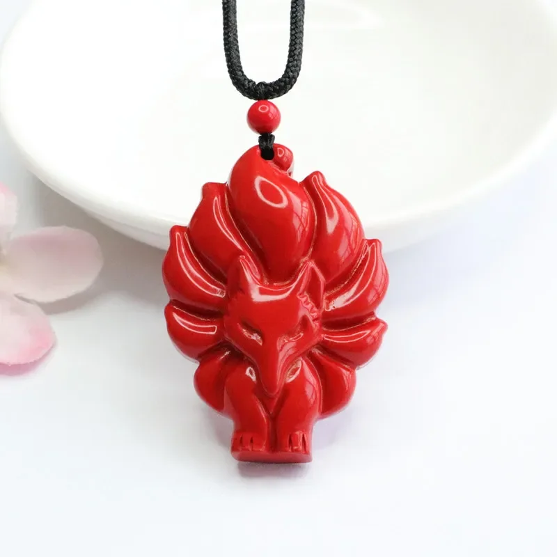 Chinese Cinnabar Jade Nine Tailed Fox  Pendant Necklace Jewellery Chinese Hand-Carved Healing Women Luck Sweater Chain