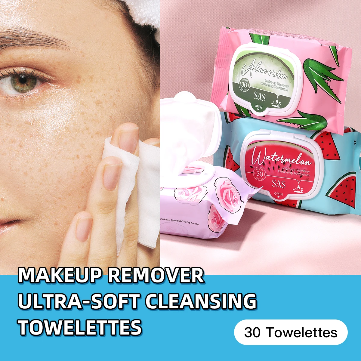 Ultra-Soft Fruit Fragrance Makeup Remover Wet Wipes - Watermelon, Aloe Vera, Rose, Grapefruit Fragrance, 30 Sheets Pack