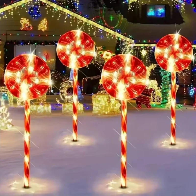 5PC/Set LED Solar Lollipop Light,Outdoor Waterproof Warm White Christmas Candy Light Garden Courtyard Lawn Decoration Lights