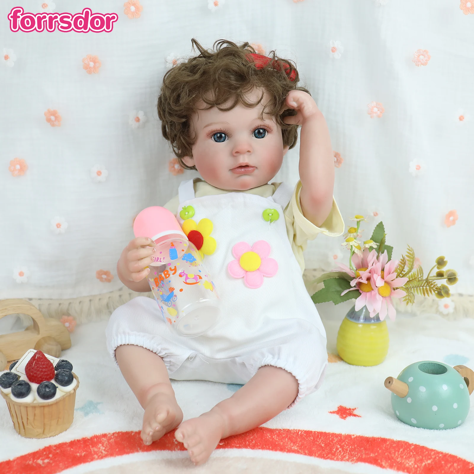 

50CM Brown Curly hair Reborn Baby Girl Soft Vinyl Newborn Hand-Detailed Painted Skin Hand Painted Hair Cuddly Baby Girl Doll Toy