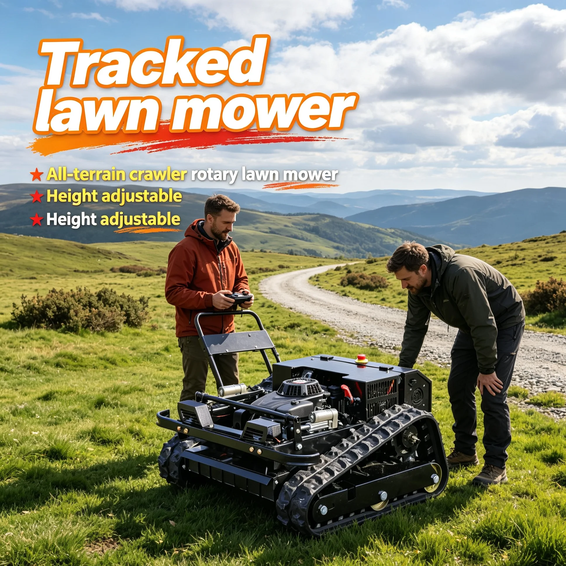 Customized all-terrain crawler rotary lawn mower installs storage rack, wireless 4-stroke ensures tidy farm cutting effect