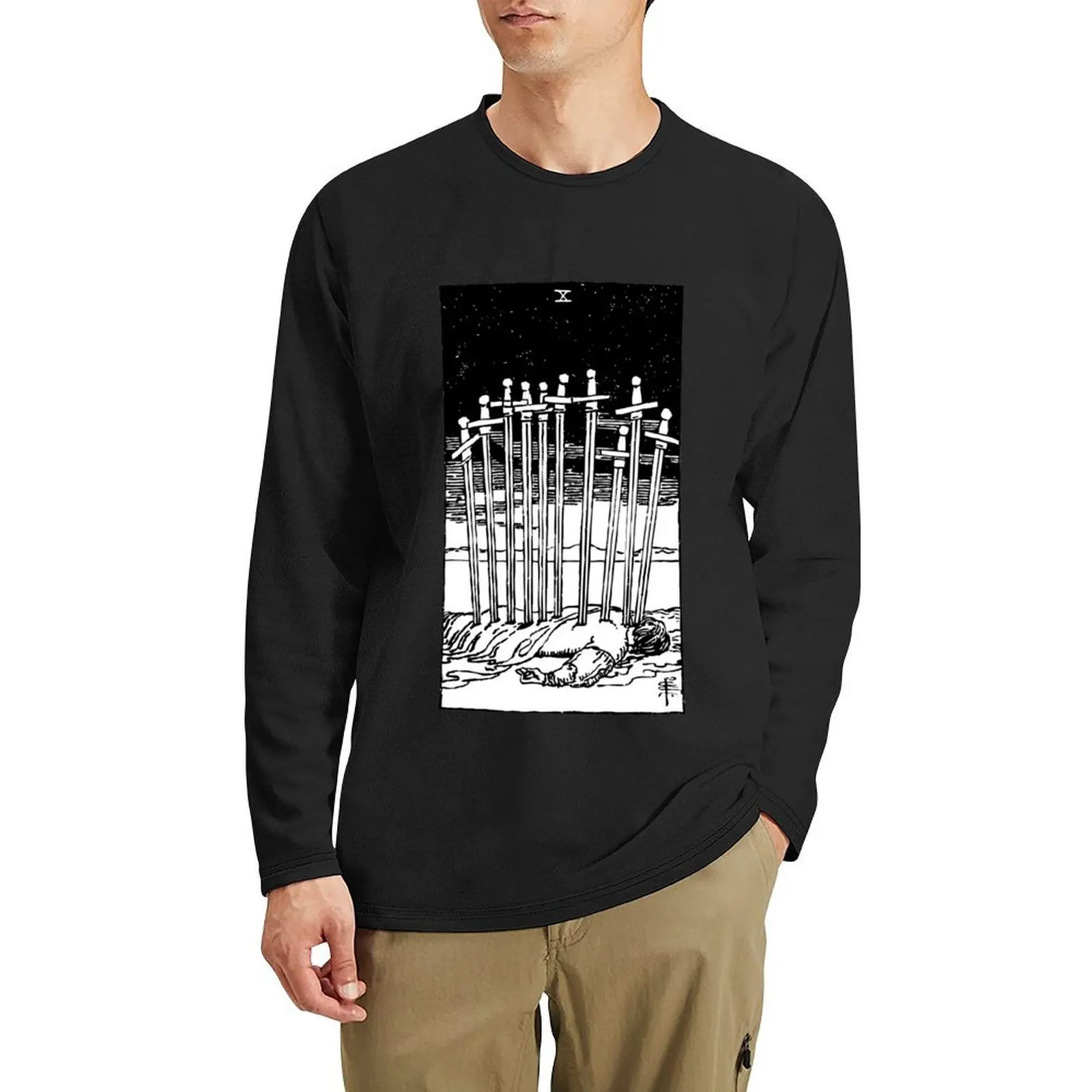 Tarjeta de Tarot: 10 de Espadas | Diez de Swordsblack & white Camiseta larga camisetas de moda coreana para hombres